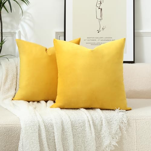 Stellhome Soft Velvet Throw Pillow Covers Square Decorative Cushion Covers for Bed Couch Sofa Bench, 26 x 26 inch (65 x 65 cm), Yellow, Pack of 2