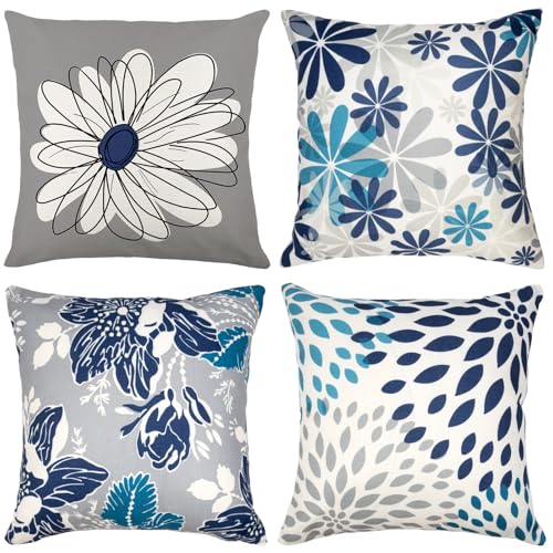 Baidast Decorative Throw Pillow Covers 18x18 Inch,Grey and Blue Linen Pillow Cases for Living Room Sof Cushion Cover Bed Indoor Outdoor Bed Pillowcases Set of 4
