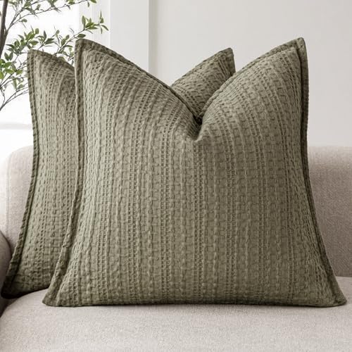 Foindtower Set of 2 Decorative Cotton Waffle Weave Throw Pillow Covers Euro Shams Cushion Covers Accent European Pillowcase for Bed Couch Sofa Bedroom Living Room Home Decor 20??20 Inch Olive Green