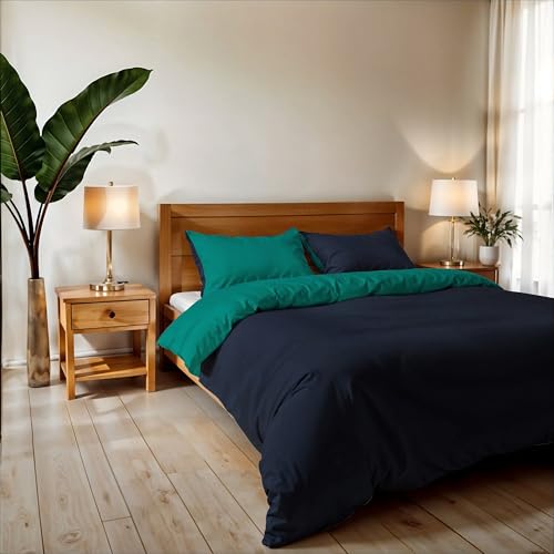 Double Duvet Cover, Plain Double Face, Vera Bed Linen Set with Duvet Cover 250 x 200 cm with Envelope 20 x 50 cm + 2 Pillowcases 50 x 80 cm, Dark Blue/Aqua