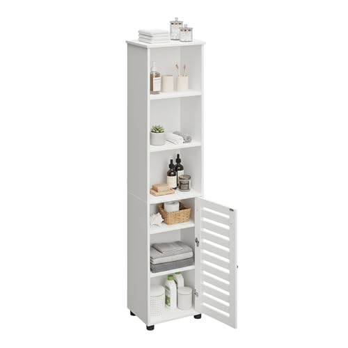 Relaxdays bathroom cabinet with door, HWD: 167x30x40 cm, 6 shelves, tall & narrow, bathroom tall cabinet, white