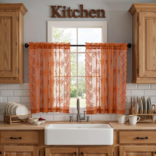 Kotile Burnt Orange Sheer Curtains 45 Inch Length for Kitchen Window, Country Rustic Floral Rust Sheer Lace Curtains, Rod Pocket Privacy Short Lace Curtains, 52 x 45 Inch, 2 Panels, Burnt Orange