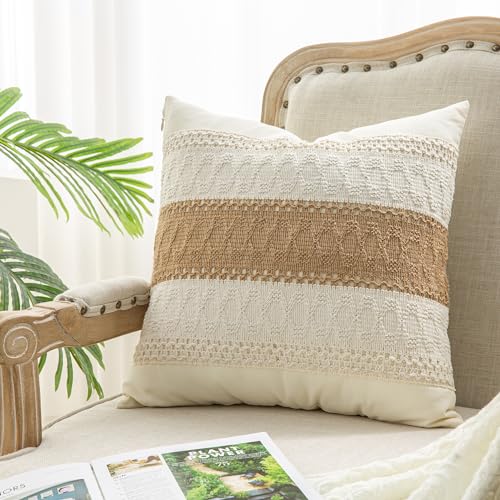 Mayler Yee Throw Pillow Covers 16 x 16 Inch for Farmhouse Living Room, Cotton & Burlap Textured Striped Woven Boho Pillow Covers 1PC (Beige & Brown, Single Striped)