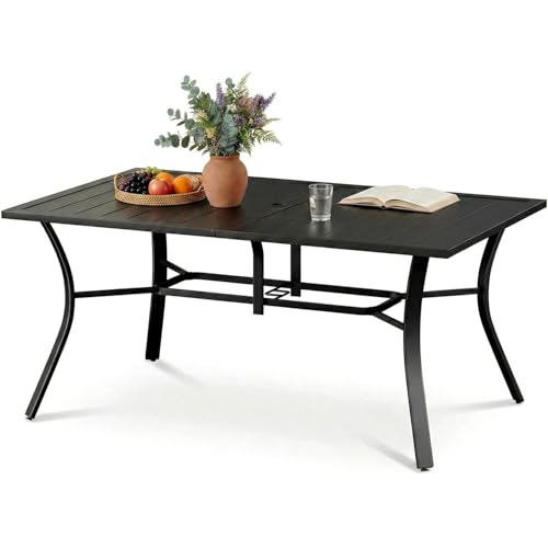 Clevich Garden Table with Parasol Hole 160 x 96cm for 6 People, Outdoor Patio Table with Rustproof Steel Frame, Slatted Tabletop & Non-slip Foot Pads, Square Dining Table for Backyard/Patio/Terrace