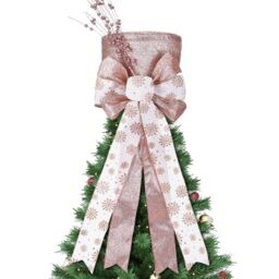 Poen Christmas Tree Topper Hat Shiny Sequins Top Hat with Bow Lengthened Ribbon Tree Topper Santa Christmas Decorations for Xmas Gift Ideas Holiday Winter Party Ornament Supplies(Pink Rose Gold)