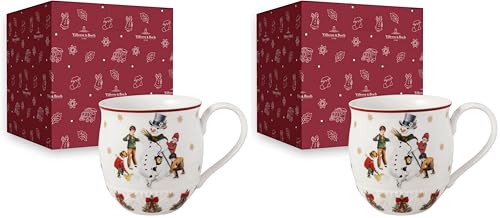 Villeroy & Boch ??? Toy's Fantasy Relief Porcelain Coffee Cup with Snowman Pattern, Christmas Cup, Winter Cup, Hot Drink Mug, White/Red (Pack of 2)