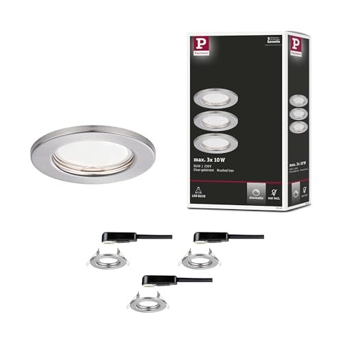 Paulmann 93393 3-Piece Rigid Round Recessed Spotlight Set, Brushed Iron, 3x450 Lumen, GU10, Dimmable, Warm White, Indoor, Study, Dining Room, Hallway, 8 cm x 9 cm