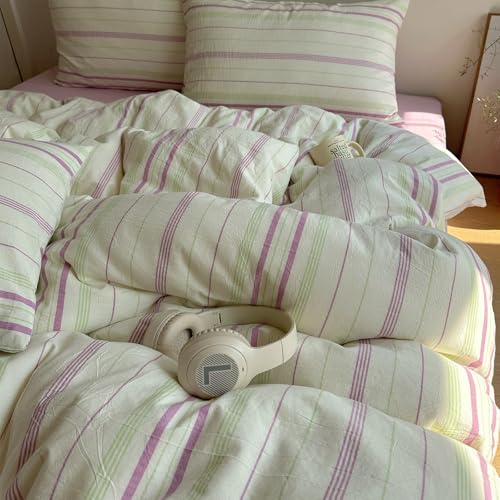 EAVD Vintage Style Striped Duvet Cover King Size Soft 100% Cotton Green Purple Stripes Printed Bedding Set with 2 Pillowcases Reversible Farmhouse Geometric Pattern Duvet Cover with Zipper