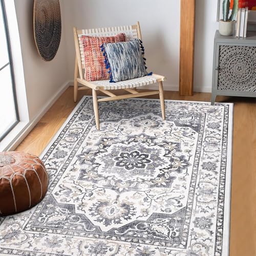 SHACOS Washable Area Rug, Large Boho Living Room Area Rugs, Soft Vintage Bedroom Rug Carpet, Non Slip Low-Pile Distressed Accent Rug for Dining Room Entryway Dorm, Black 80 x 150 cm
