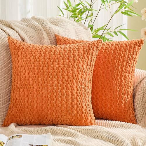 GAWAMAY Decorative Corduroy Throw Pillow Covers 20x20 Bright Orange 2 Pack - Soft Farmhouse Cushion Covers Neutral Pillow Cases for Living Room Couch, Sofa, Bedroom, Only Covers No Inserts