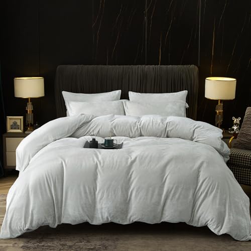 "PHF Truly Velvet Duvet Cover Set Queen Size, 3pcs Ultra Soft Breathable Comforter Cover Set (No Filling), Luxury Cozy Flannel Duvet Cover with Pillow Shams Bedding Collection, 90"" x 90"", Sliver Grey"