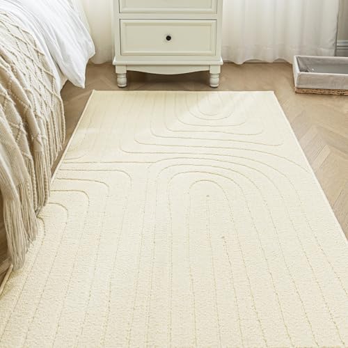Sonive Washable Rug Water Resistant Mat Non-Slip Backing Rug Line Indoor Outdoor Suitable for Living Room, Bedroom, Kitchen Beige 80×150 cm