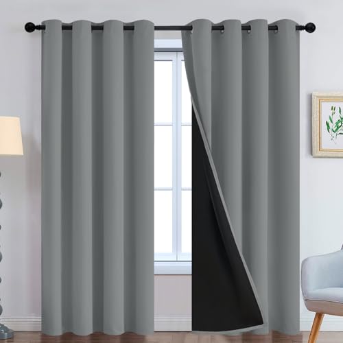 "Yakamok Dove Grey 100% Blackout Curtains 84 Inches Long 52"" Wide 2 Panel - Blackout Curtain Panels for Bedroom, 2 Thick Layers Grommet Top Thermal Insulated Drapes with Black Liner for Living Room"