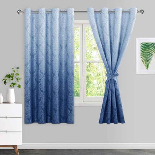 JIUZHEN Navy Blue Ombre Blackout Curtains for Bedroom??? Damask Patterned Thermal Insulated Noise Reducing Grommet Curtains with Tiebacks, 52 x 72 Inches, Set of 2 Window Curtain Panels