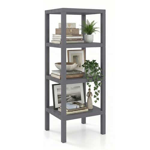 CASART Freestanding Corner Bookshelf, 4-Tier Display Rack Shelf Stand with Open Slatted Shelves, Narrow Storage Organizer Ladder Shelving Unit for Home Office Living Room Bathroom (Grey, Rectangle)