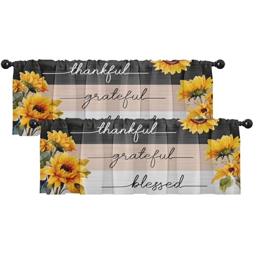 Emvency 2 Pack Valances Window Treatments, Sunflowers Farmhouse Wooden Stripes Rustic Blackout Adjustable for Living Room Bathroom Bedroom Kitchen Over Sink, 18x52 Inch Rod Pocket Valances