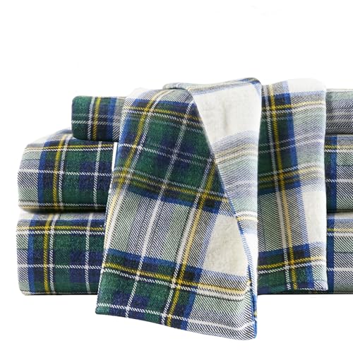 Comfort Spaces Cotton Flannel Breathable Warm Deep Pocket Sheets with Pillow Case Bedding, Queen, Green Plaid Scottish Plaid 4 Piece