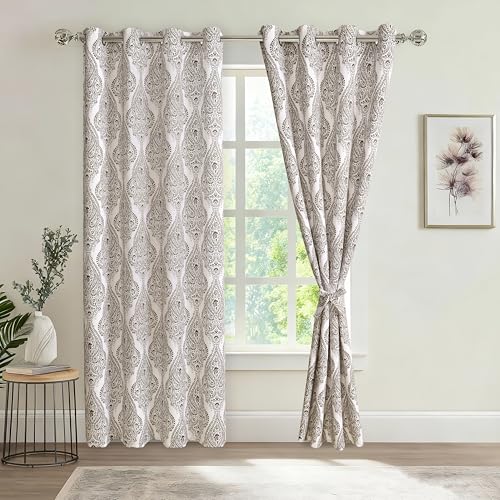 JIUZHEN White and Brown Blackout Curtains 84 Inch Long???Damask Patterned Thermal Insulated & Noise Reducing Grommet Curtains for Bedroom Living Room, 52 x 84 Inches, Set of 2 Panels with Tiebacks