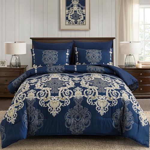 "Mybedsoul Blue Gold Queen Comforter Set, 7 Pieces Boho Bed in a Bag for Queen Bed, Damask Comforter with Sheets Pillowcases, Soft Microfiber Lightweight Bedding Sets for All Season(90""x90"")"