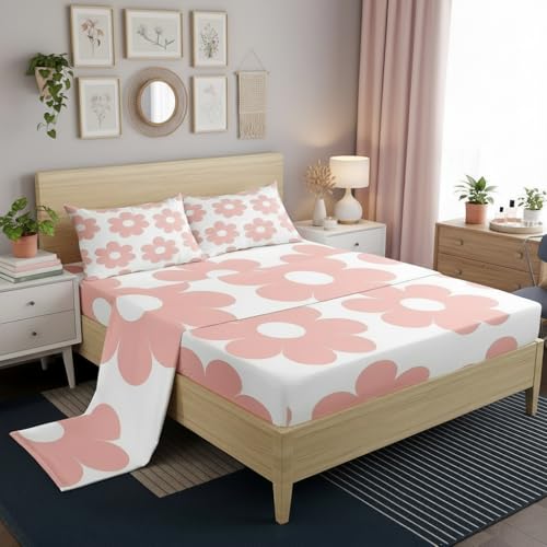 Manfei Girly Pink Fitted Sheet Set Full Size 4 Pcs,70s Groovy Daisy Flowers Lightweight Children's Bedding Sheets Teens Room Decor,Cute Cartoon Floral Bedding Sets (1 Fitted,1 Flat,2 Pillowcases)