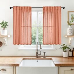 YoungsTex Terracotta Linen Semi Sheer Curtains 40 Inches Long - Burnt Orange Kitchen Drapes Light Filtering with Rod Pocket Back Tab Privacy for Bathroom Cafe Windows, 2 Panels, 34 X 40 Inch