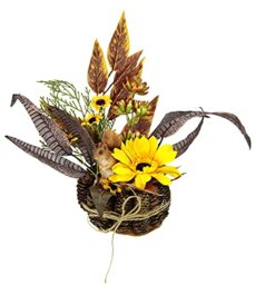 Flair Flower Artificial Sunflowers and Leaves with Squirrel in Pine Pot, Flowers, Autumn Arrangement, Artificial Thanksgiving, Autumn Decoration, 090233GN 28 x 30 x 15 cm, Yellow