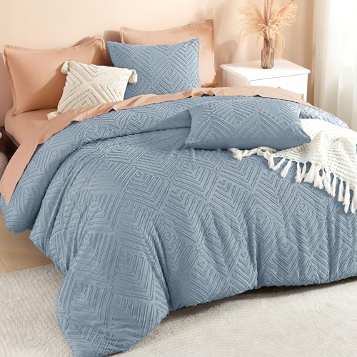 Litanika Queen Size Comforter Set, 3 Pieces Tufted Boho Bedding Set - Grayish Blue Farmhouse Shabby Chic Vintage Bohemian Textured Aesthetic Soft Fluffy Lightweight Breathable All Season Bed Set