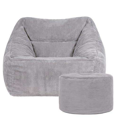 icon Natalia Cord Bean Bag Chair with Pouffe, Grey, Large Adult Bean Bag with Filling Included, Comfy Chair, Armchair, Living Room, Bedroom Furniture