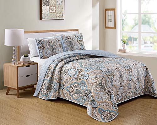 Kids Zone Home Linen Bedspread Set Damask Pattern Light Blue White Beige and Brown New (Twin/Twin Extra Long)