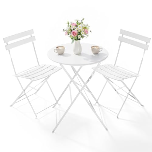 Clevich 3-Piece Folding Patio Bistro Set for Outdoor, Lightweight Rustproof Metal Table & 2 Chairs, Balcony Garden Furniture, 3 Colours Available (white)