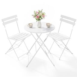 Clevich 3-Piece Folding Patio Bistro Set for Outdoor, Lightweight Rustproof Metal Table & 2 Chairs, Balcony Garden Furniture, 3 Colours Available (white)