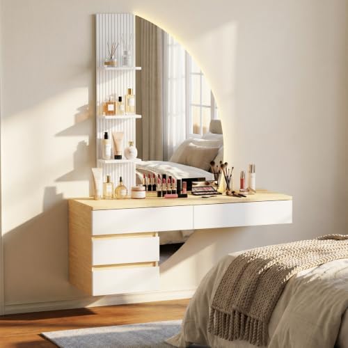 JUMMICO Wall Dressing Table with LED Lighted HD Mirror, Dimmable Brightness & Large Storage Space, Space Saving Modern Dressing Table for Bedroom, Black/Oak (White)