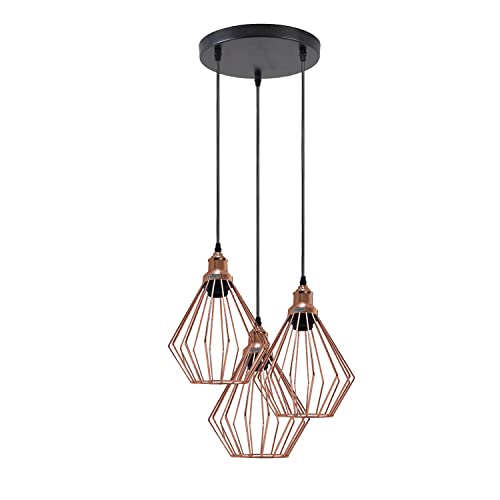 LEDSone 3 Lights Vintage Pendant Light, E27 Rose Gold 20cm Geometric Cage Style Wire Lampshade Industrial Kitchen Lights Ceiling Pendant Lights Ideal for Bedroom Living Dining Room Hallway