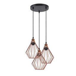 LEDSone 3 Lights Vintage Pendant Light, E27 Rose Gold 20cm Geometric Cage Style Wire Lampshade Industrial Kitchen Lights Ceiling Pendant Lights Ideal for Bedroom Living Dining Room Hallway