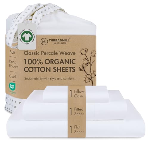 Threadmill Organic Cotton Bed Sheet Set - Soft & Natural - Cool Cotton Sheets - Includes Flat Sheet, Fitted Sheet, & Pillowcases - Twin XL/White