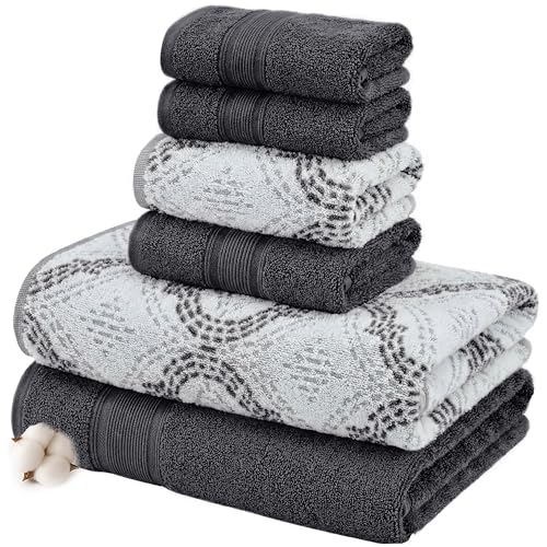 Modern Threads Capri 6-Piece Reversible Yarn Dyed Jacquard Towel Set - Bath Towels, Hand Towels, & Washcloths - Super Absorbent & Quick Dry - 100% Combed Cotton, Coal