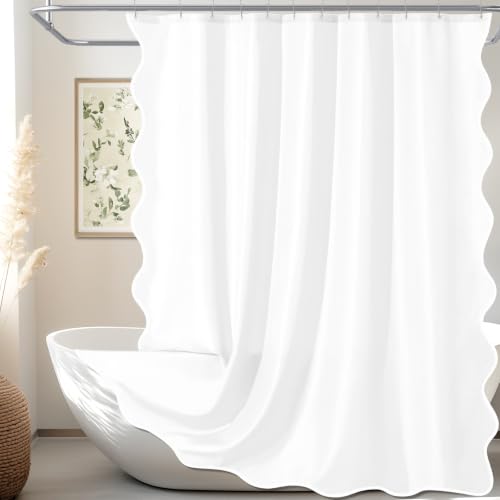ORTIGIA White Scalloped Fabric Shower Curtain, Aesthetic Cute Boho Scallop Preppy Shower Curtain Ruffle Waterproof Bath Bathroom Decor with Metal Hook 72 W x 72 H Inch