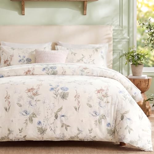 Cozaline Floral Comforter Set King Size 100% Cotton Comforter Green Floral Bedding Comforter Set 3pcs Ultra Soft and Easy Care Reversible Lightweight Bedding Sets