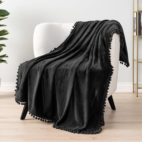 PAVILIA Black Throw Blanket Pom Pom for Couch Bed Sofa, Fleece Soft Fuzzy Cozy Lightweight Pompom Fringe Blanket, Decorative Boho Room Home Decor Gift Flannel Velvet Throw, Dark Solid Black, 50x60
