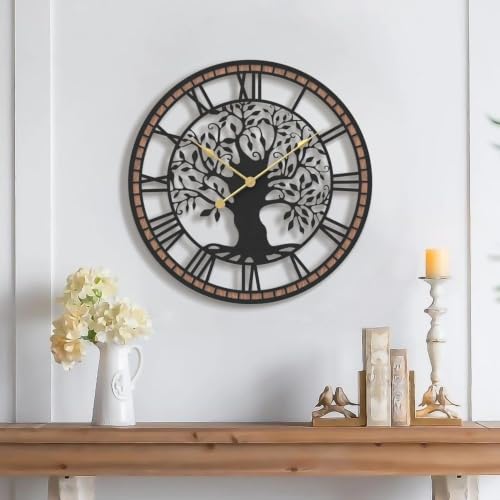 Micasso Large Wall Clock Decorative: 18 Inch Tree of Life Battery Operated - Modern Farmhouse Metal Wood Frame - Roman Numeral Clocks for Living Room/Home Office/Bedroom - Ideal for Interior Designer