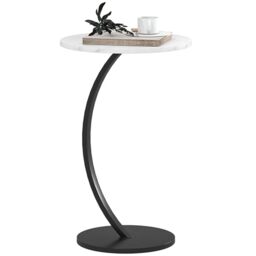 HOMCOM C Shaped Side Table, Round Bedside Table with Marble Effect Top, Modern Coffee Table Sofa End Table with Metal Frame for Living Room Bedroom Office, White