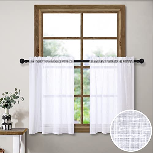 White Short Sheer Curtains 36 Inch Length for Kitchen Door 2 Panel Set Rod Pocket Cafe Curtains Linen Look Semi Sheer Tier Curtains for Small Window Bathroom Basement Kids Farmhouse Decor 30x36 Long