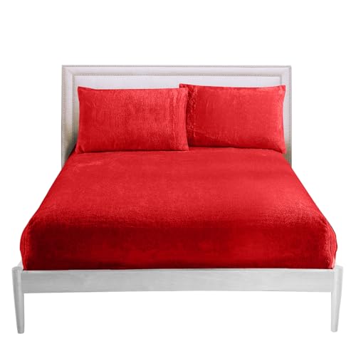 GC GAVENO CAVAILIA Fitted Sheet King Size - Soft Teddy Fleece Bedding Winter - Warm Fluffy Anti-Allergy Polyester Bed Sheet (152x203 cm) - Easy Care 25cm Deep Fleece Fitted Sheets King Size,Red