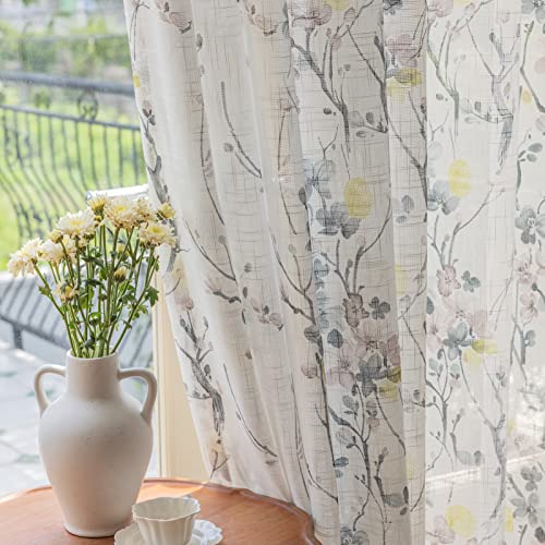 SUOUO Black Grey Floral Semi-Sheer Curtains Linen Textured for Living Room 96 inches Long Rod Pocket Print Yellow Leaf Window Drapes for Bedroom Dining 2 Panels