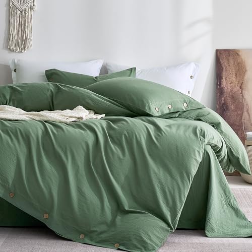 "JELLYMONI 100% Washed Cotton Duvet Cover Queen??? Soft & Breathable Linen-Look Bedding for Cozy Bedrooms and All-Season Comfort, Natural Wrinkle Texture, Button Closure, 3PCS Set (Dusty Green, 90""??90"")"