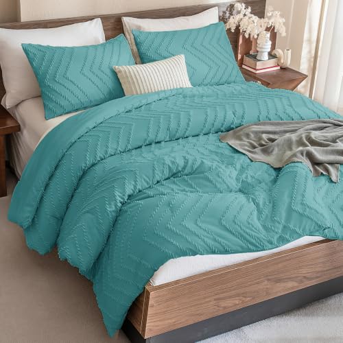Andency Grayish Teal Comforter Set Queen Size, 3 Pieces Boho Bed Set - Soft Warm Bedding Comforter Sets for Queen Size Bed, Aesthetic Chevron Cute Bohemian Textured Lightweight Bedding Set