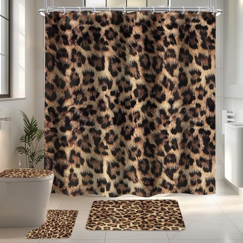 Leopard Print Shower Curtain Set 4Pcs Cheetah Print Bathroom Set with Rugs - Wild Panthera Safari Modern Toilet Lid Cover,Non-Slip Rugs and U-Shaped Mat with 12 Hooks for Bathroom Decor