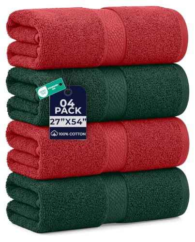 Dan River Bath Towels Set of 4, 27 x 54 Inches for Your Loved Ones or a Festive Treat for Yourself. 100% Cotton, Larger & Lighter Weight, Ideal Black & Green Bath Towels.