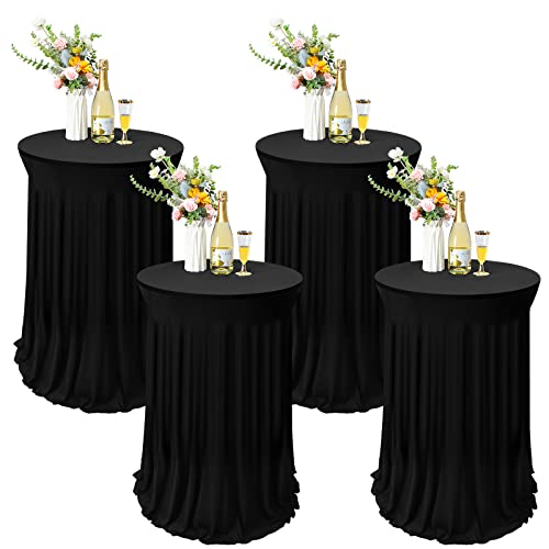 4 Packs 32 x 43 Inch Round Spandex Cocktail Tablecloths with Skirt Cocktail Round Table Cover Spandex Stretch Square Tablecloth Skirt for Fitted High Top Table Bar Wedding Party Banquet (Black,)