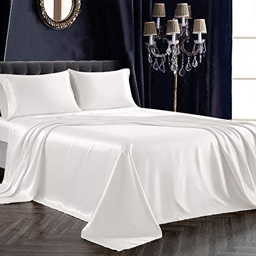 SiinvdaBZX 3Pcs Twin XL Sheets Set, Ivory White Silky Satin Sheets Twin XL Bedding Set Ultra-Soft Extra Long Bed Sheets for College Dorm